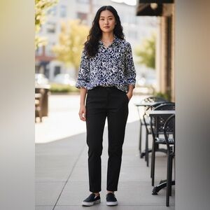 Coldwater Creek Floral Blouse Womens Large Button Top Navy Blue White 3/4 Sleeve